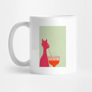 Sipping Kitty Retro Poster Vintage Art Cocktail Wall Orange Pink Illustration Mug